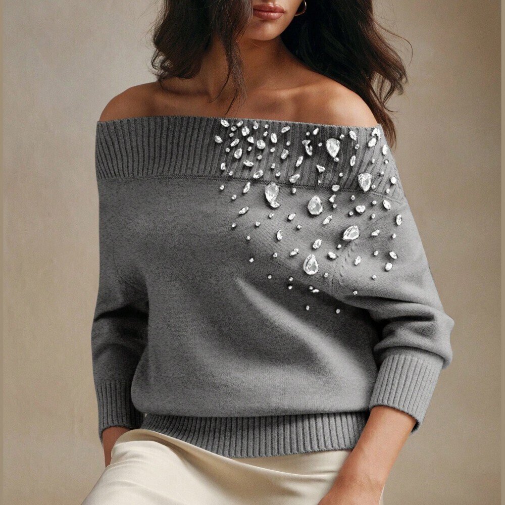 Gray Rhinestone Embellished Off Shoulder Ribbed Knit Sweater - Picture 10 of 11